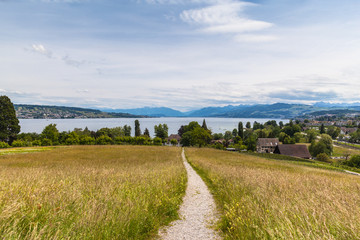 Panorama view of Zurich lake and the alps