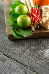 Tom Yum Recipe.
Cooking recipe of Thai Dish Tom Yum. It consist of Chillies, galangal ginger, lemongrass stalks, kaffir lime leaves, tomato and limes.