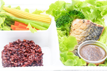 Saba steak with rice on the white background, clean food good fo