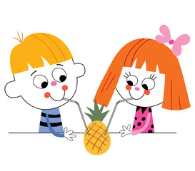little boy and girl drinking pineapple ananas juice
