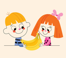 little boy and little girl with bananas