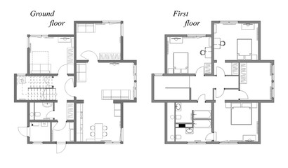 The draft plan of arrangement of all furniture, architect plan, black-and-white,  for two-storeyed house, ground and first floor