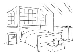 Graphical sketch of an interior bedroom, liner