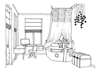 Children's, kids boys room graphical sketch of an interior, liner