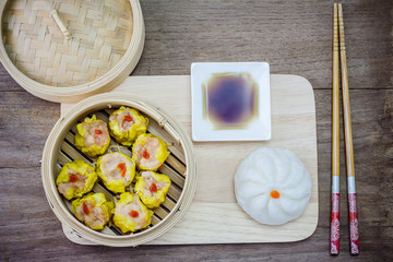 Chinese steamed dimsum and Steamed bun in bamboo