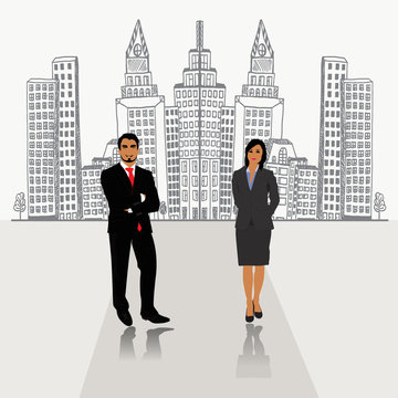businessmen and businesswoman standing in front of sketch city background, vector, illustration 