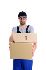 overstrained postman with parcels