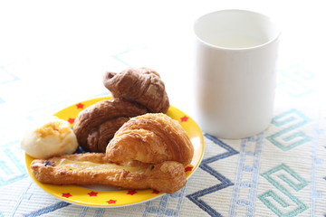 Breakfast of milk and mini bread. Croissant, chocolate croissant, banana bread and green soybean bread.