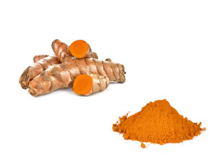 Fresh turmeric ,turmeric powder isolated on white background
