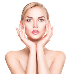 Beautiful young woman Portrait. Beautiful spa girl touching her face