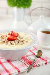Healthy breakfast with homemade oatmeal, close up