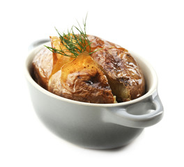 Baked potato with dill isolated on white