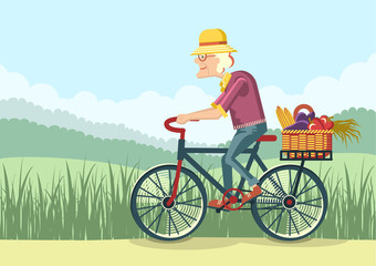 Old woman drive by bike.Vector gardener