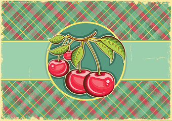 Cherries background.Vector vintage label on old paper texture