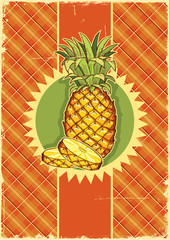 Pineapple fruit on vintage label background on old paper texture