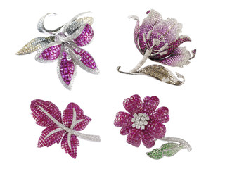 Butterfly, Leaf and flower broochs on white background