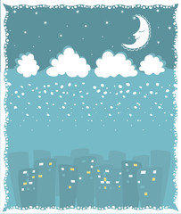 Christmas card with town and snowfall.