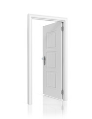 White blank opened door template, isolated on white background.