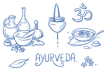 Icon item set ayurveda wellness, spa, with oil bottles, ingredients, water bowl, oil treatment. Hand drawn doodle vector illustration. - obrazy, fototapety, plakaty