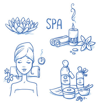 Icon item set wellness, spa, with relaxing woman, lotus flower, candle, cream and oil bottles, leafs and flowers. Hand drawn doodle vector illustration.