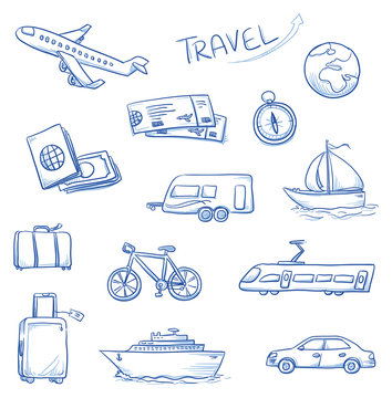 Icon set travel holidays, vacation with plane, car, train, bike, ship, compass, luggage, trailer, passport, globe, tickets. Hand drawn doodle vector illustration.