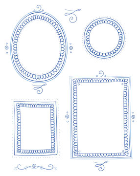 Nostagic picture frame collection round, egg, oval and square shape, for invitiation, marriage and easter cards. Hand drawn vector illustration.