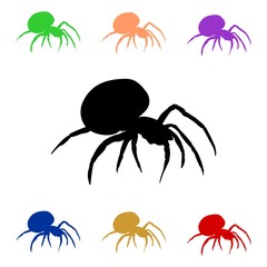 Seven spiders of different colors on a white background