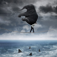 Person carrying an elephant above sea