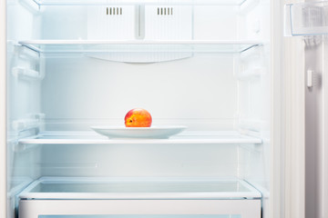 Peach on white plate in open empty refrigerator