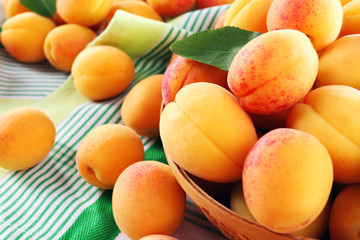 Ripe apricots in wicker bowl on checkered napkin, closeup