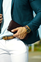 Fashion portrait of young businessman handsome  model man in casual cloth suit with accesories on...