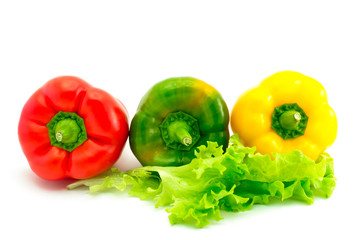 Wet lettuce with three color peppers isolated on white background isolated
