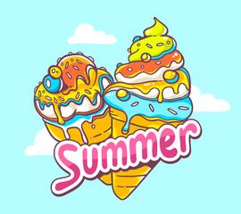 Vector illustration of bright two ice creams on blue background