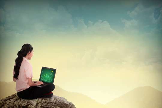 Business Woman Using Laptop On The Mountain