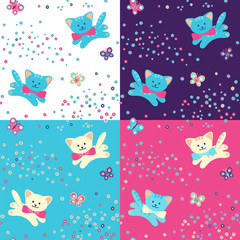 Vector seamless pattern. Cats, flowers and butterfly.