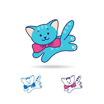 Blue cat or kitty with bow, line and flat style. Vector logo.