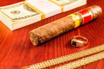 Expensive Cuban cigar and a pack of dollars with gold chain, gol © Georgii Shipin