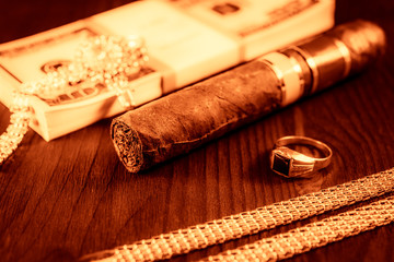 Expensive Cuban cigar and a pack of dollars with gold chain, gol © Georgii Shipin