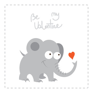 Valentine's Day card with cute cartoon elephant and a heart.