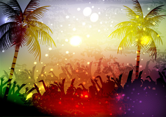 Tropical Beach Party Vacation Background Design with Palm Trees - Vector Illustration