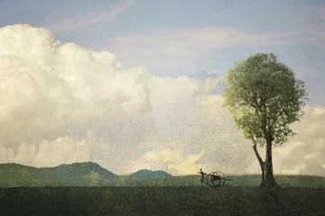 Türaufkleber Khaki Vintage Landschaft mit einzelnem Baum und Fuhrmann