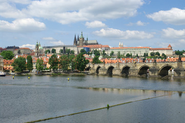 View of the Old Town and Charles Bridge over Vltava river in Prague, Czech Republic
