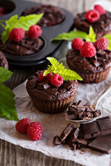 Fototapeta na wymiar Chocolate raspberry yogurt muffins