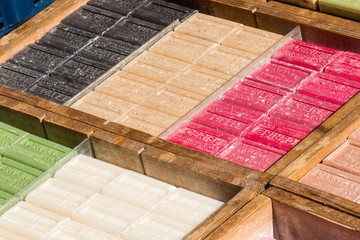 Assortment of bars of soap at the market