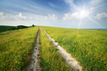 Road lane and deep blue sky.