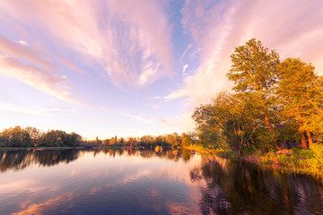 Quiet lake in the forest by the light of the setting sun