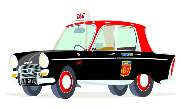Caricatura Peugeot 404 taxi Paris vista frontal y lateral