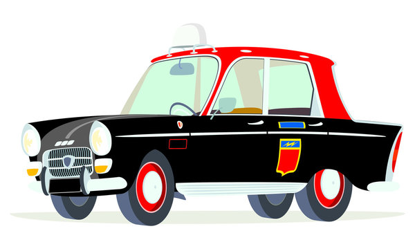 Caricatura Peugeot 404 taxi Paris vista frontal y lateral