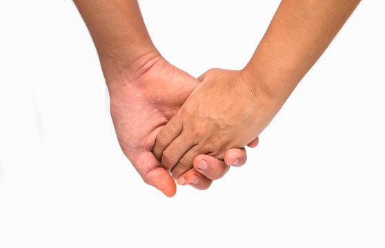 Girl clasp hand in isolated background.