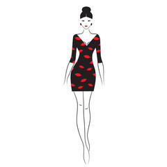 Fashion model sketch. Silhouette of beautiful woman in outline style vector illustration.